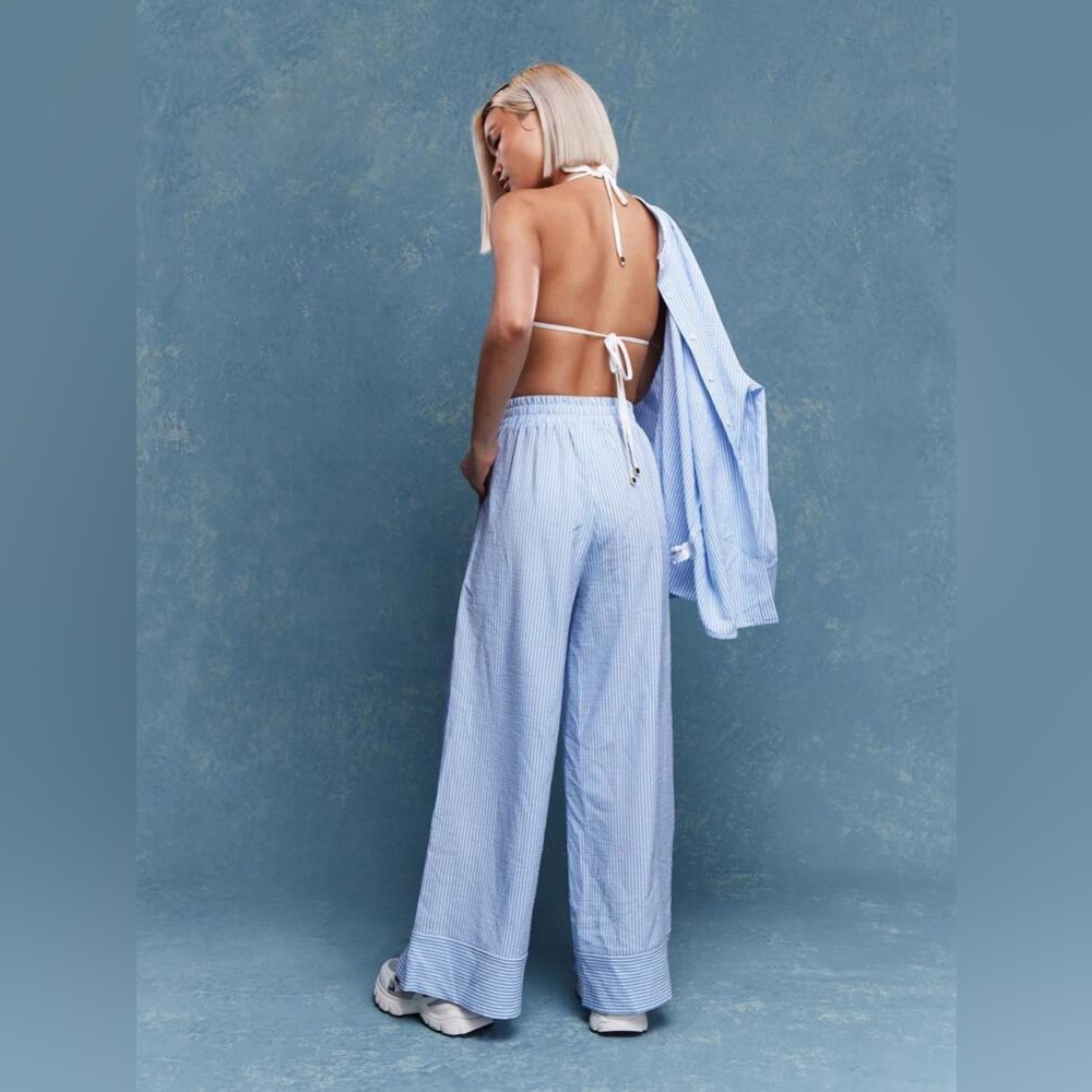 MISSGUIDED Trendy Logo Label Striped Wide Leg Pants Office Wear - Picture 2 of 8